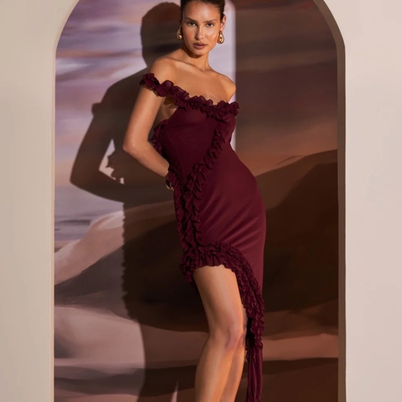 Murci Ruffle Detail Asymmetric dress Deep Maroon sz XS/2 - Picture 2 of 4